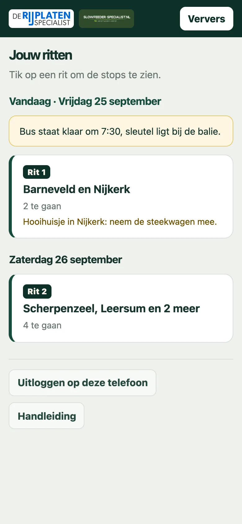 Lijst met ritten van de bezorger