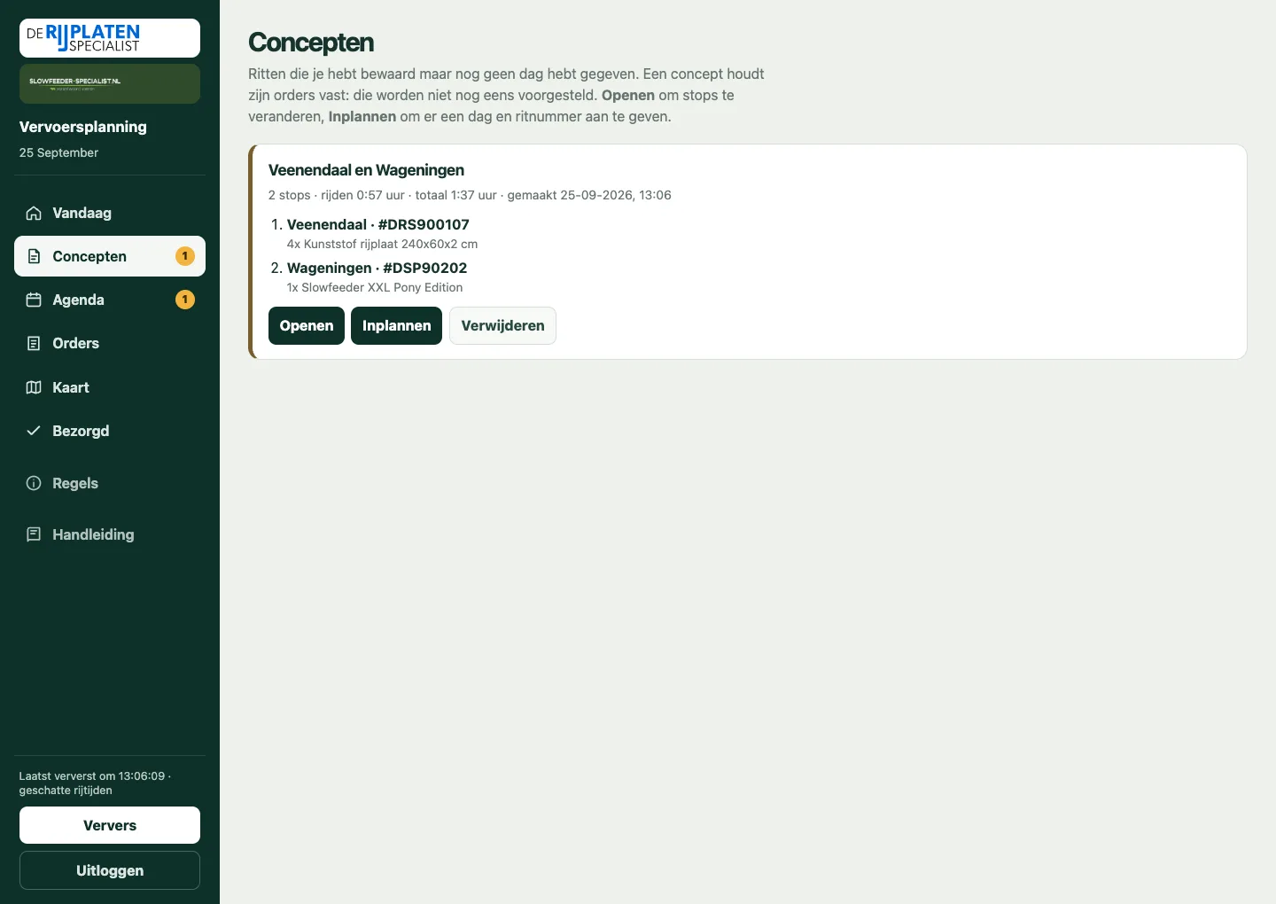 De pagina Concepten met een bewaarde rit