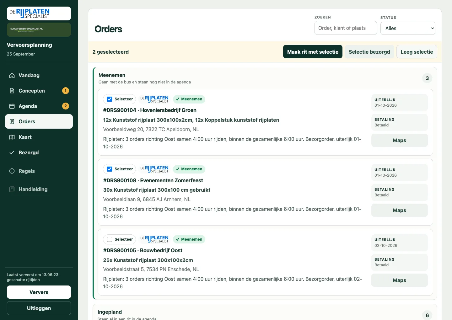 De orderlijst met filters en een selectie