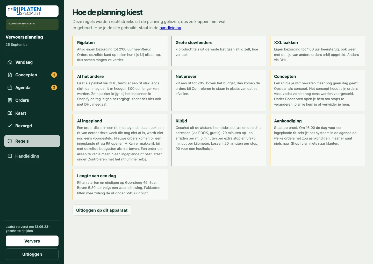 De pagina met de regels van de planning